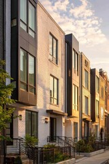 Fototapeta premium Modern urban architecture showcases elegant townhouses in a bustling neighborhood during golden hour with warm sunlight illuminating the exteriors