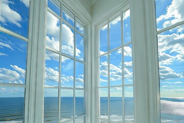 A corner window reveals a breathtaking view of a vast expanse of ocean and a vibrant blue sky filled with fluffy white clouds.