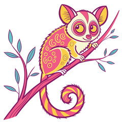 Cute cartoon lemur with big eyes sitting on a branch