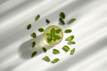 Arrangement of fresh mint tea from above on a bright surface
