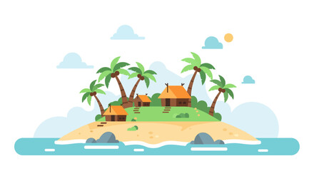 Fototapeta premium Cartoonish tropical island with thatched huts and palm trees.