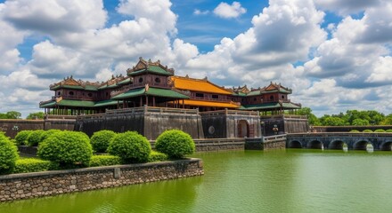 Naklejka premium Ancient Asian Palace Complex with Green Roofs and Moat