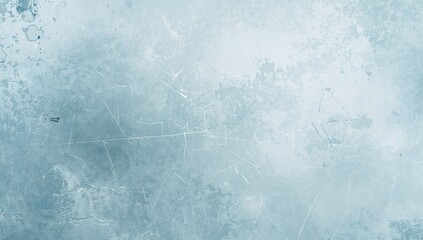 Scratched dust effect with distressed overlay and worn texture in light blue and white frost patterns on aged glass abstract background with empty area.