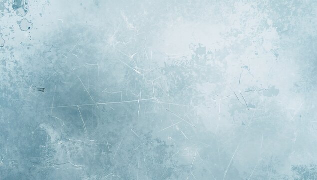 Scratched dust effect with distressed overlay and worn texture in light blue and white frost patterns on aged glass abstract background with empty area.