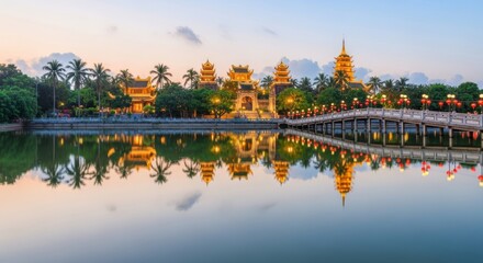 Fototapeta premium Golden Pagodas and Lantern Bridge Reflected in Water