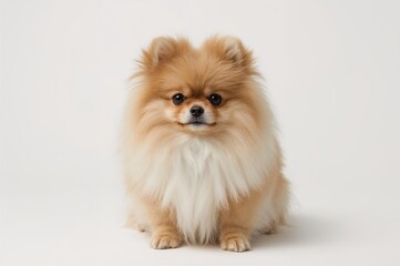 Obraz premium Adorable Pomeranian Puppy Posing Indoors Against a Plain White Backdrop