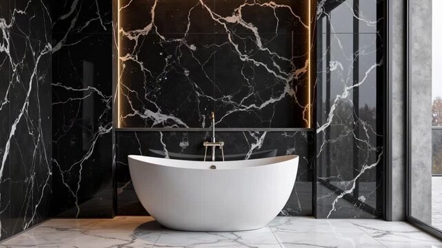 Luxury bathroom design with marble walls and modern bathtub creating a relaxing spa retreat