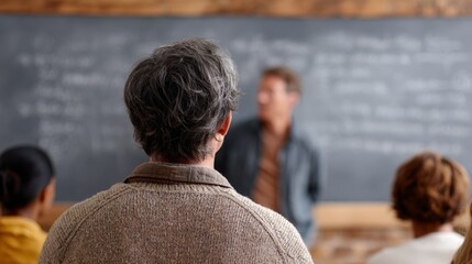 Students attentively listening while teacher writing complex programming code on blackboard during advanced computer science lecture at modern university classroom