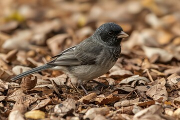 Obraz premium A small dark-eyed bird hops on the earth searching for seeds, eating with its head facing right.
