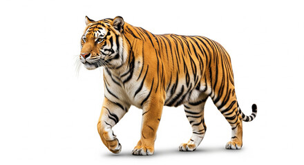 Obraz premium Majestic orange and black striped tiger walking gracefully, powerful wild animal, isolated transparent background.