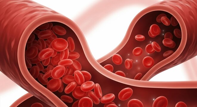 Illustration showing red blood cells flowing through a blood vessel in close up detail view