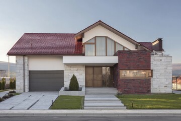 Modern residential architecture features a combination of stone and brick at twilight, showcasing clean lines and a spacious driveway
