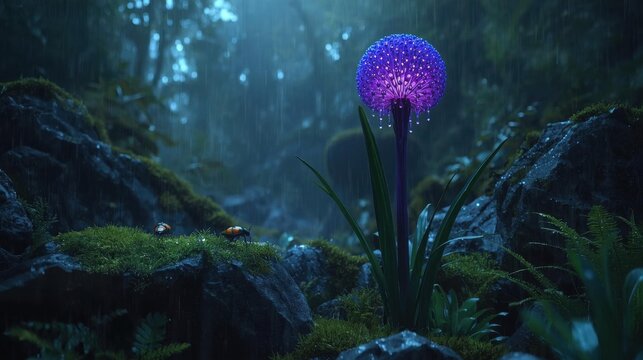 Enchanted Forest Scene with a Glowing Orb Plant and Lush Greenery in a Misty Ambiance