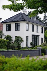 A contemporary white house featuring striking black accents is beautifully nestled among vibrant greenery in a tranquil neighborhood setting, all under a soft, cloudy sky