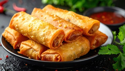 Crispy Spring Rolls Served on Plate with Sweet Chili Sauce