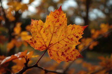 Fototapeta premium Detailed view of a vibrant leaf on a twig with floral and natural backdrop, seasonal foliage in warm hues, stunning autumn scenery
