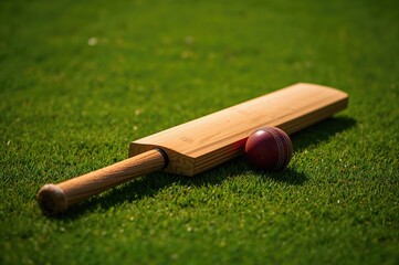 Leather ball and cricket bat resting on grassy ground