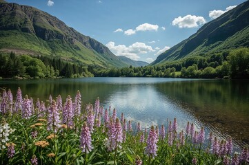 Wildflower in summer amidst green mountains and trees