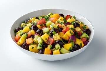 A vibrant fruit salad showcasing diced mango, watermelon, cantaloupe, and other colorful fruits, complemented by fresh herbs and black olives.