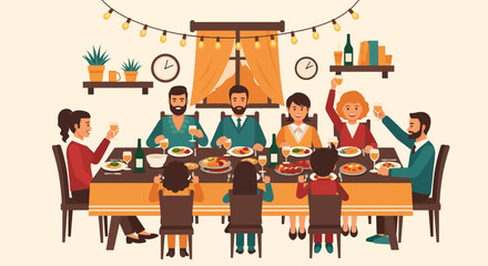 A family is gathered around a table, enjoying a festive meal together.