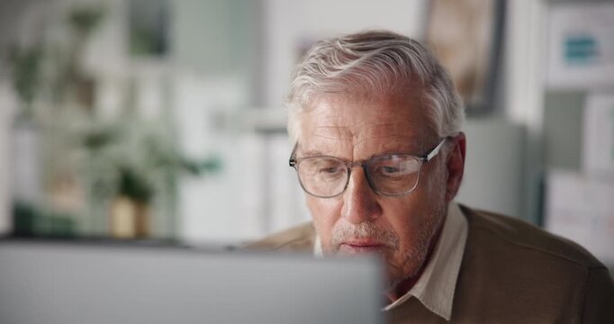 Business man, computer and reading at agency for proofreading, fast checking facts or verify info. Editor, mature person and tech in office for publication accuracy, credibility and article approval