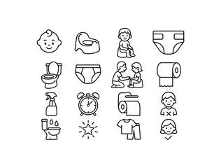 grid 4x4 vector icon line potty training routine 16 items isolated on white background