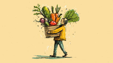 Illustration of a person in winter clothing holding a bag with vegetables 