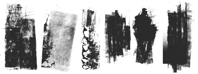 Set of grunge rolled ink stamp textures handmade with brayer. Letterpress vintage rough irregular rectangle vertical backgrounds Linocut relief printing shapes vector illustration transparent backdrop