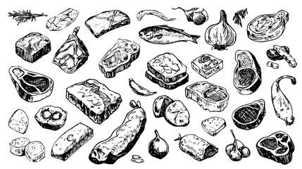 Hand-drawn illustration of various meats, vegetables, and herbs on a transparent background.
