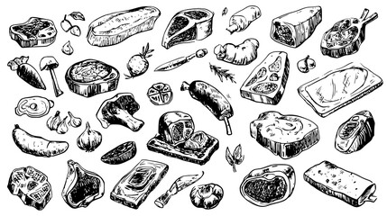 Hand-drawn illustration of various meats, vegetables, and herbs on a transparent background.