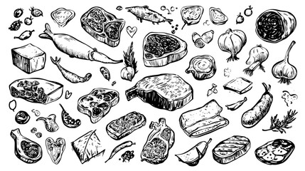 Hand-drawn illustration of various meats, vegetables, and herbs on a transparent background.
