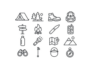 grid 4x4 vector icon line camping and hiking 16 items isolated on white background
