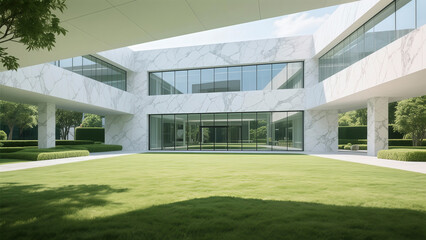The exterior space of a large modern building with a huge glass curtain wall in the garden