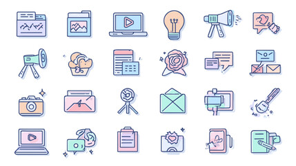 Set of 24 black line icons on a pink background, including cameras, laptops, plants, and various objects, suitable for digital and print design.