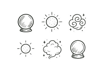 hand drawn cute doodle style line isolated on white background glass orb shining sphere cloudy swirl future glow mystical fog seer globe