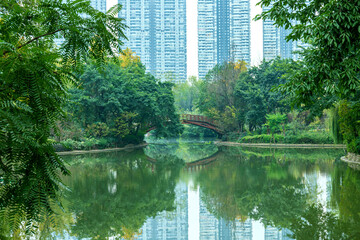 The natural scenery of Swan Lake in Century City, Chengdu