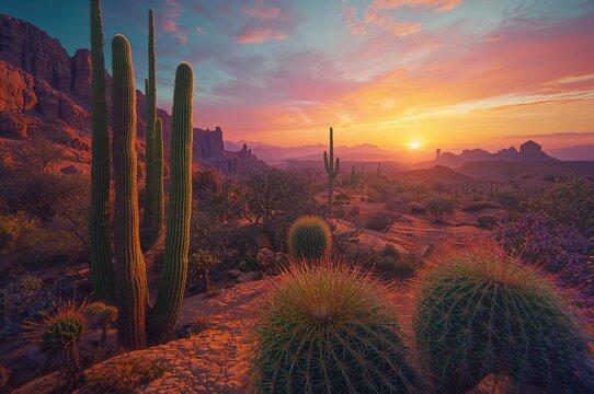 Sunset over a desert landscape dotted with cacti, sunrise illuminating a rocky canyon, cacti silhouetted against a glowing sky, 3D rendering