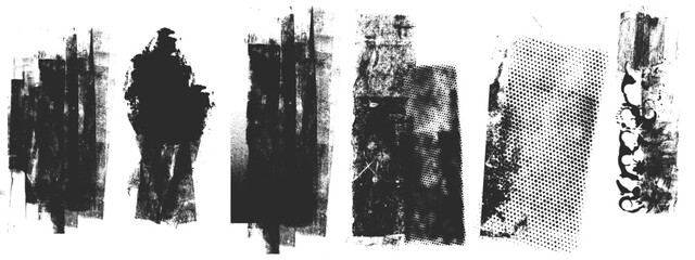 Set of bold dried brush strokes isolated on white, including grunge acrylic textures, hand-drawn thick lines, rectangles, banners, sketchy horizontal strokes, black ink traces, and stencil silhouettes