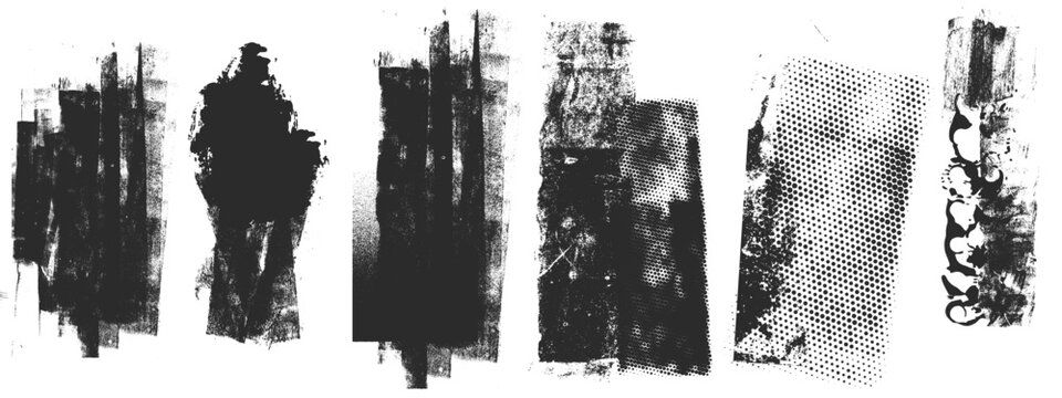  Set of vertical rolled ink rubber stamp black texture with brayer. Square shape of. letter press grunge vintage rough . Linocut irregular relief printing brush illustration on transparent background