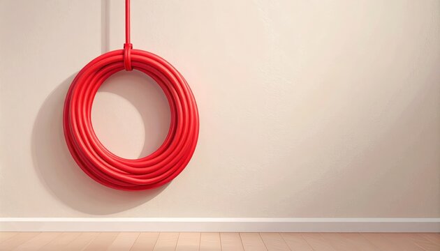 Red hose hanging on minimalist indoor wall