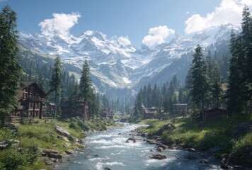 A stunning alpine village nestles along a rushing river, backed by towering snow-capped mountains and a clear blue sky with fluffy clouds