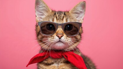 Adorable Bengal feline wearing shades and a red scarf against a pink backdrop, close-up