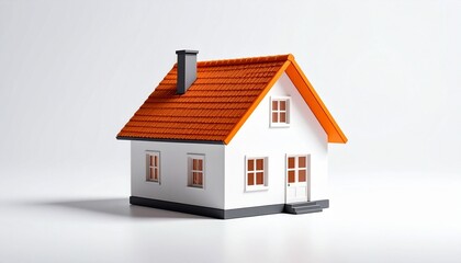 "Small white house with red-tiled gable roof, brown shutters, chimney, and front door canopy—surrounded by bushes and set on a flat base, representing cozy suburban architecture."