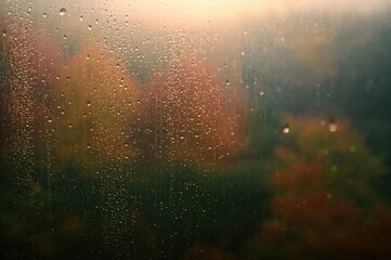 Autumn Raindrops Clinging to the Glass with a Forest Backdrop