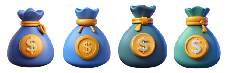 Four cartoon-style money bags in different colors and designs are displayed in a row. Each bag features a dollar symbol, emphasizing themes of wealth and financial prosperity.