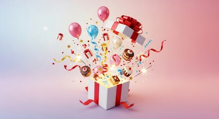 Exploding Gift Box: Celebration of Joy, Balloons, Cakes, and Sparklers