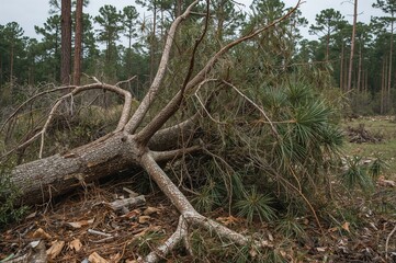 Obraz premium Fallen branches and scattered debris following a severe storm and the subsequent cleanup process