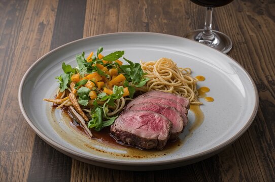 Sous vide smoked duck breast with crispy vegetable salad and mango dressing, served with noodles and orange demi-glace