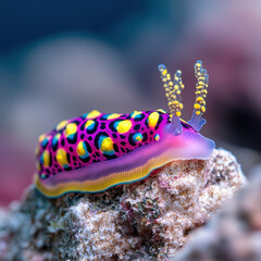 Vibrant sea slug with colorful patterns crawls on rock, showcasing its unique beauty