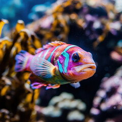 Vibrant fish swimming gracefully through lush kelp forest, showcasing its colorful patterns